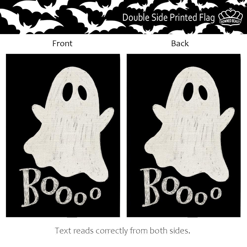 CROWNED BEAUTY Halloween Ghost Garden Flag 12x18 Inch Double Sided Small Burlap for Outside Boo Black Holiday Yard Decoration CF1079-12