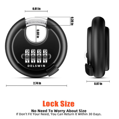 DELSWIN 4 Digit Combination Disc Padlock with Hardened Steel Shackle Combo Lock for Sheds, Storage Unit, School Gym Locker and Fence (Black,1Pcs)