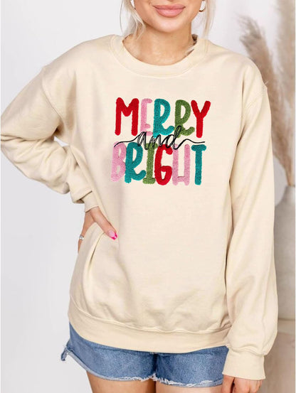 Merry Christmas Sweatshirts Women Merry And Bright Christmas Pullover Top Chenille Patch Letter Printed Xmas Gifts Top Apricot