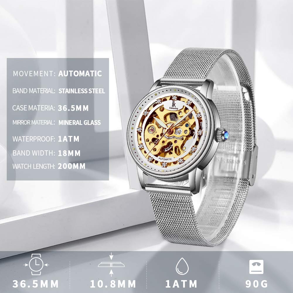 Gute Women's Watch Luxury Mechanical Stainless Steel Skeleton Steampunk Automatic Self Winding Mesh Band Wristwatch