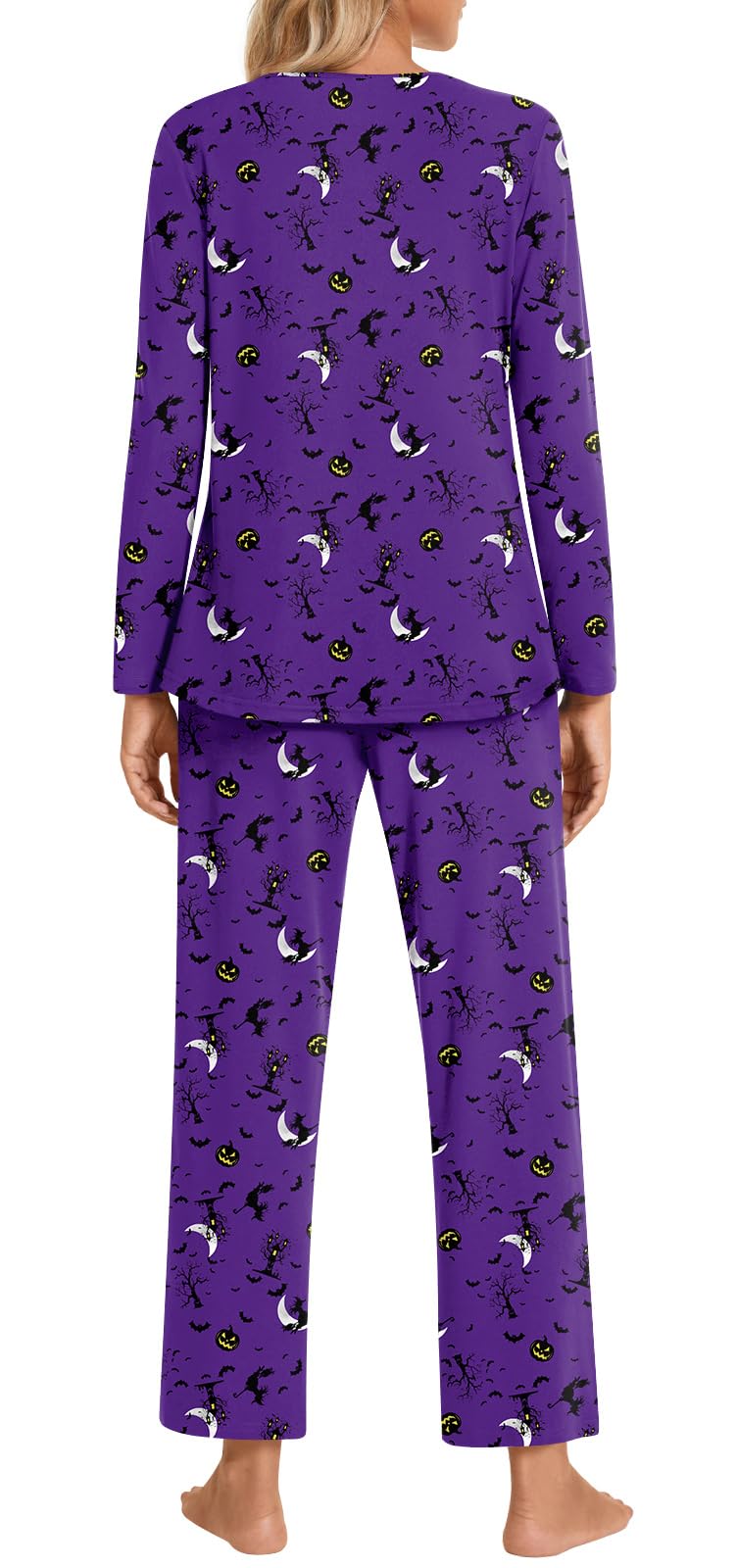 Findsweet Women's Pajama Set 2 Piece Lounge Outfits Soft Sleepwear Fall Long Sleeve Long Pant With Pockets Ladies Pjs XL, Halloween Purple