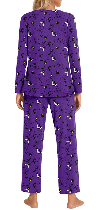 Findsweet Women's Pajama Set 2 Piece Lounge Outfits Soft Sleepwear Fall Long Sleeve Long Pant With Pockets Ladies Pjs XL, Halloween Purple