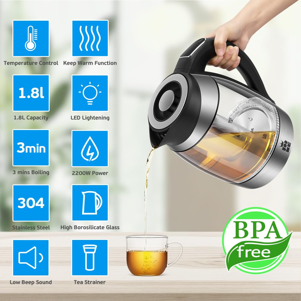 ForMe Glass Kettle with Temperature Setting 40-100 °C 1.8 L I 2200 Watt I 7 Colour Change LED I Digital Temperature Display I Keep Warm Function I Boil Dry Protection BPA Free