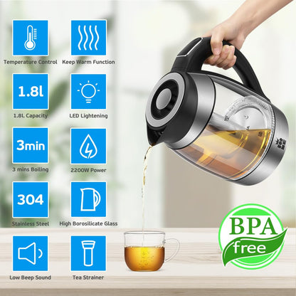 ForMe Glass Kettle with Temperature Setting 40-100 °C 1.8 L I 2200 Watt I 7 Colour Change LED I Digital Temperature Display I Keep Warm Function I Boil Dry Protection BPA Free