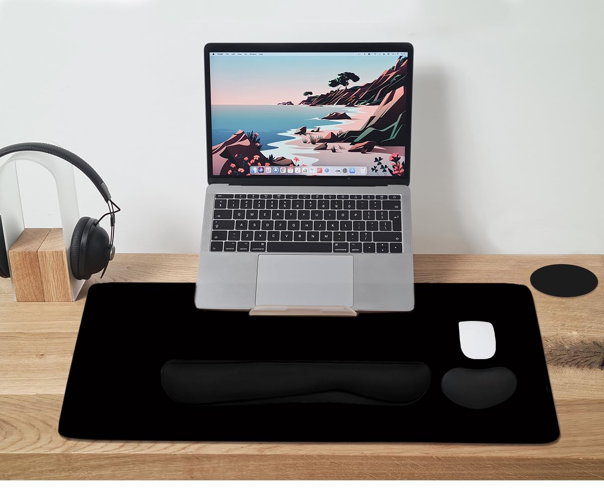 Large Mouse Pad and Keyboard Wrist Rest, Desk Pad for Keyboard and Mouse, 4-in-1 Large Gaming Mouse Pad with Wrist Support, Desk Mat for Home Office Study Game-Black