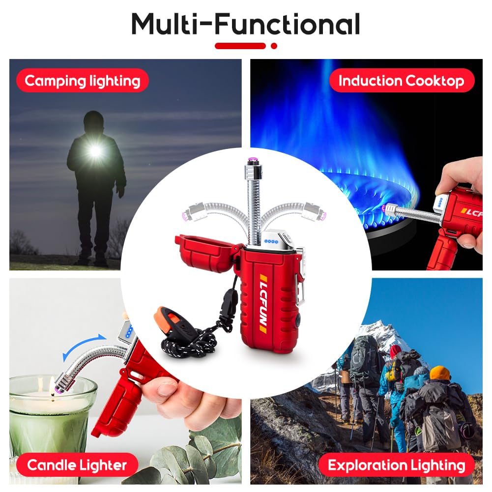 LcFun Electric Dual Arc Lighter USB Rechargeable, Windproof Plasma Lighters with LED Battery Indicator, Waterproof Flashlight Lighter with Whistle Lanyard for Camping, Survival Gear Gifts for Men