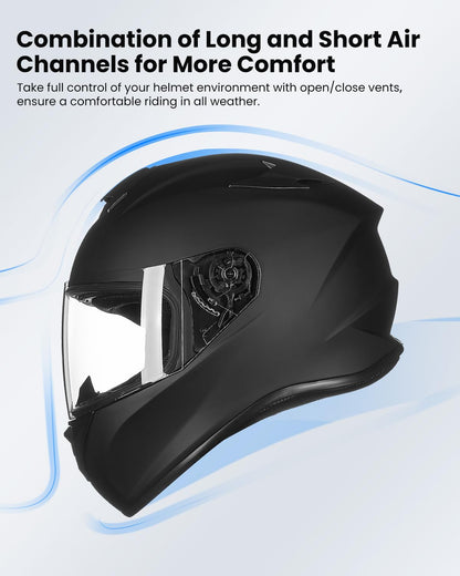 ILM Full Face Motorcycle Street Bike Helmet with Enlarged Air Vents, Free Replacement Visor for Men Women DOT Approved Model ST-06 (Matte Black, Medium)