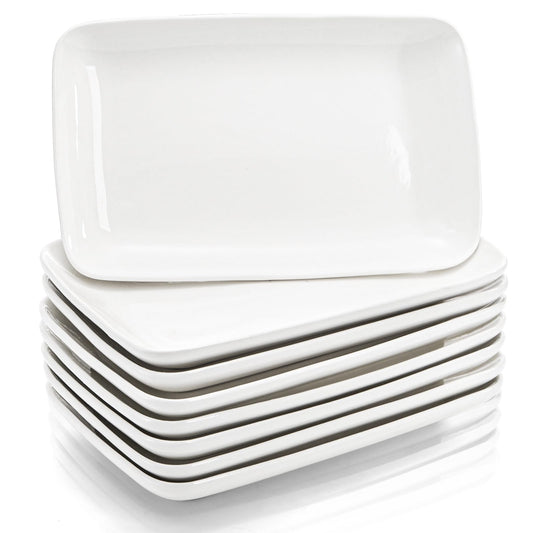 Foraineam 8 Pieces Rectangular Plates 8 Inch Porcelain Platters, Dessert, Appetizer, Salad Plates White Serving Trays