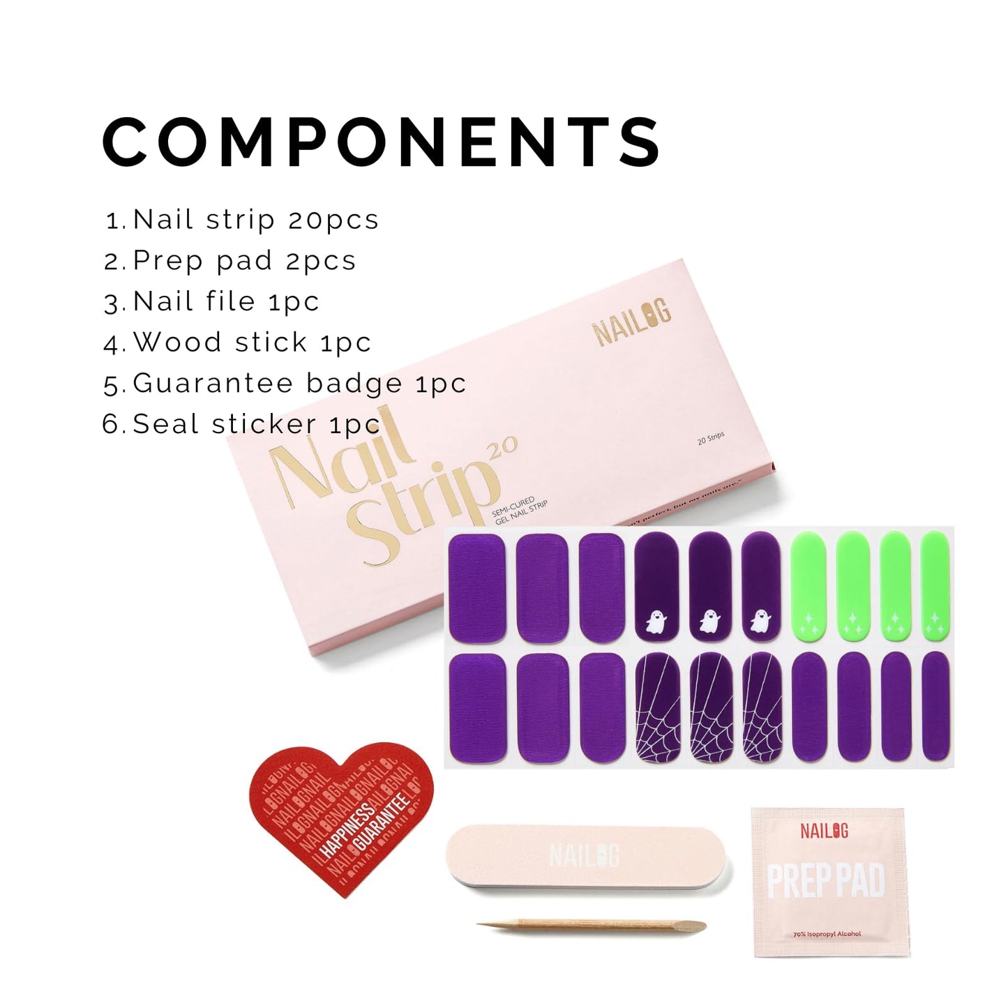 Halloween Semi Cured Gel Nail Strips - NAILOG 20 Pcs Nail Stickers Long Wraps with Glossy Gel Finishing for Autumn, Running Ghost