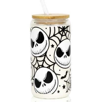 Joyseller Halloween Iced Coffee Can Glass, 18oz Nightmare Halloween Cup with Lid and Straw, Spooky Season Glass Tumbler for Fall Gifts