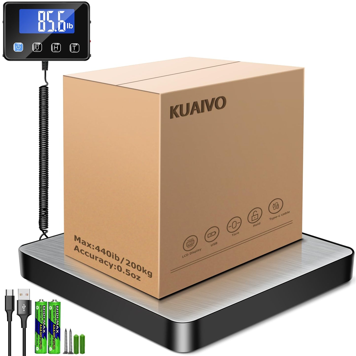 KUAIVO Shipping Scale, 440 lbs/0.35oz High Accurate Digital Postal Scale with Hold/Tare Function, Shipping Scale for Small Business, Packages, Luggage, Home Use, Battery & Charging Cable Include