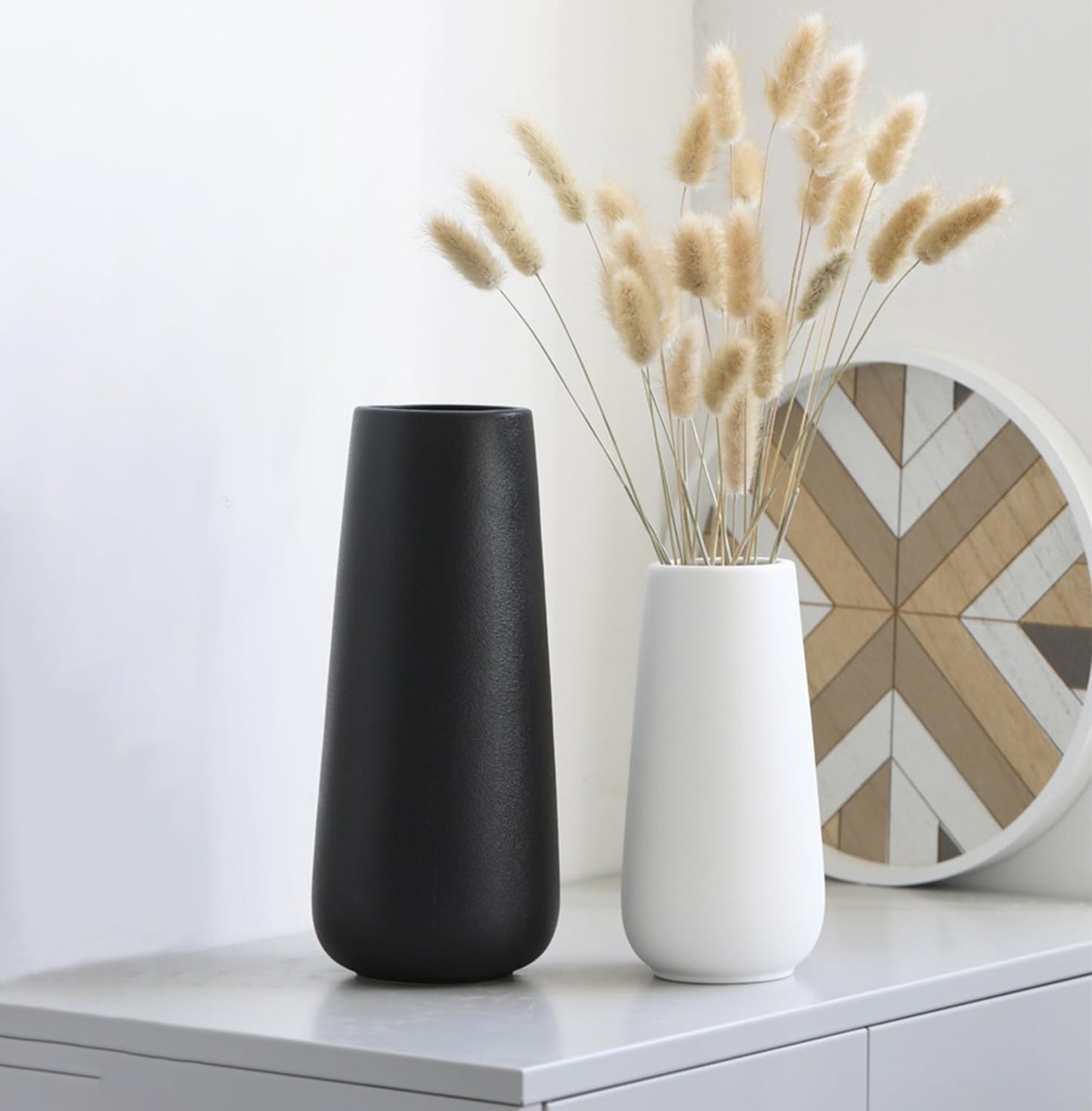 11 Inch Tall Matt Black Ceramic Vase for Flowers & Pampas Grass, Classic Rustic Style Decorative Vases for Home Decor Table Centerpieces