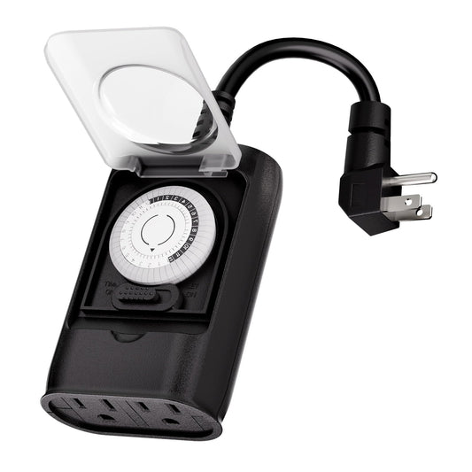 K KASONIC - Outdoor Light Timer Outlet, 24 Hour Mechanical Switch, Heavy Duty Plug in Timer Waterproof with 2 Grounded Outlet, ETL Listed (Black)