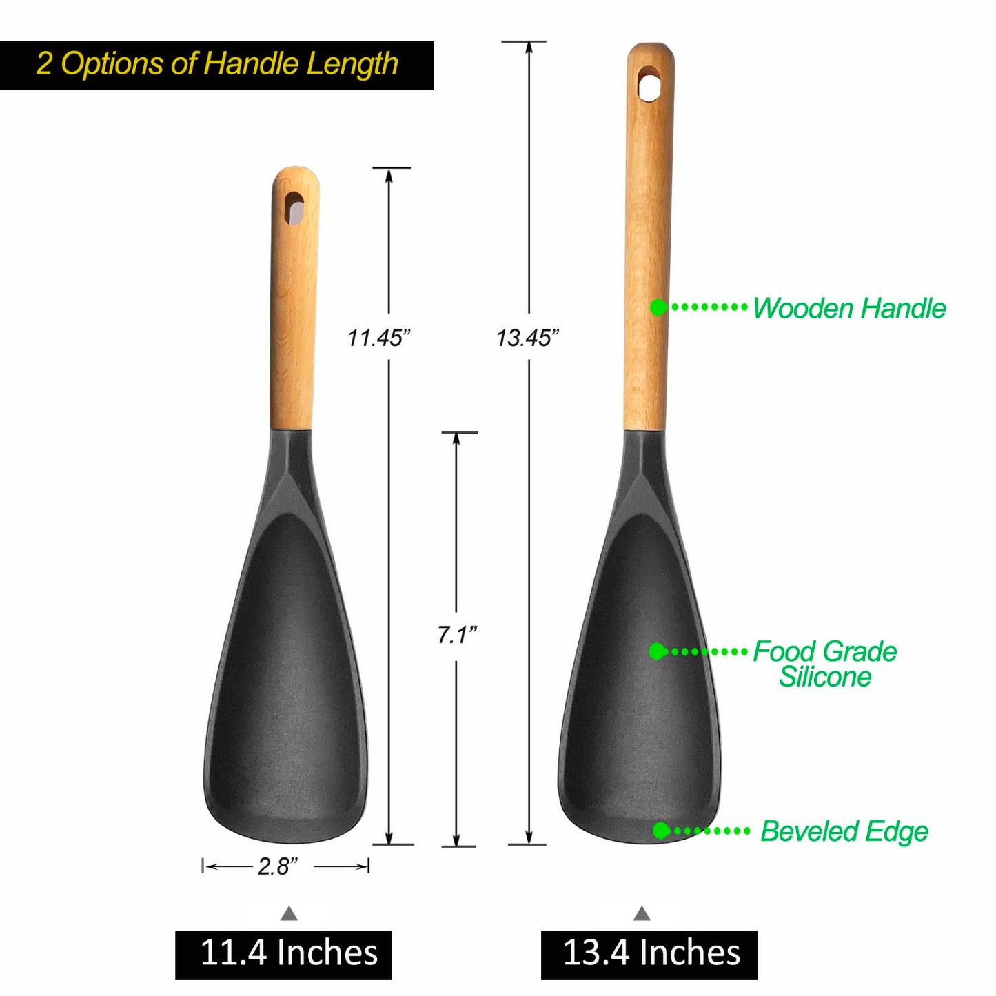 Cooking Spoon for Nonstick Cookingwares with Lengthed Wooden Handle, VOVOLY Silicone Spatula Spoon for Mixing, Scoop, and Scrape, Black, 13.4''