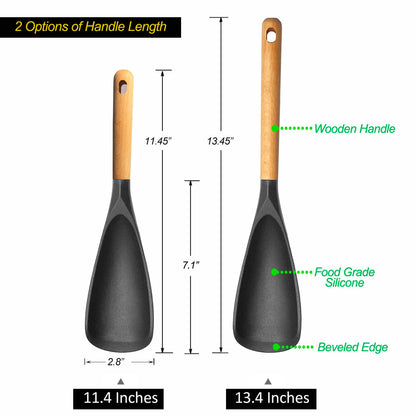 Cooking Spoon for Nonstick Cookingwares with Lengthed Wooden Handle, VOVOLY Silicone Spatula Spoon for Mixing, Scoop, and Scrape, Black, 13.4''