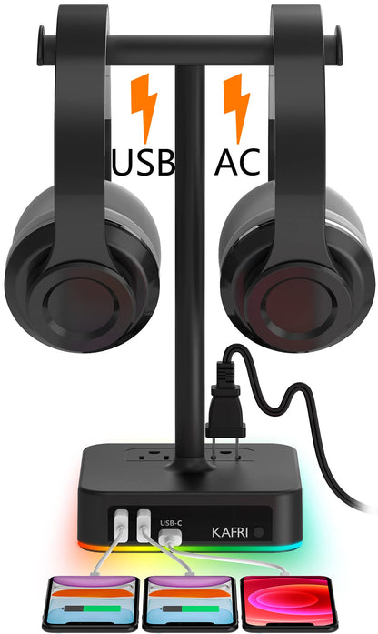 KAFRI RGB Dual Headphone Stand with USB C Charger Desk Gaming Double Headset Holder Hanger Rack with 3 USB Charging Port and 2 Outlet - Suitable for Gamer Desktop Table Game Earphone Accessories Gift