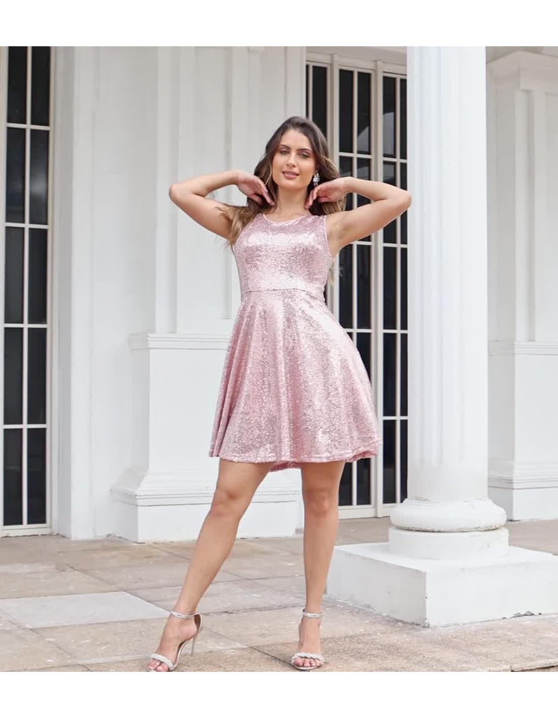 Dressever Women's 50s 60s Vintage Sleeveless Cocktail Party Dress with Pockets Sequins Rose Gold M