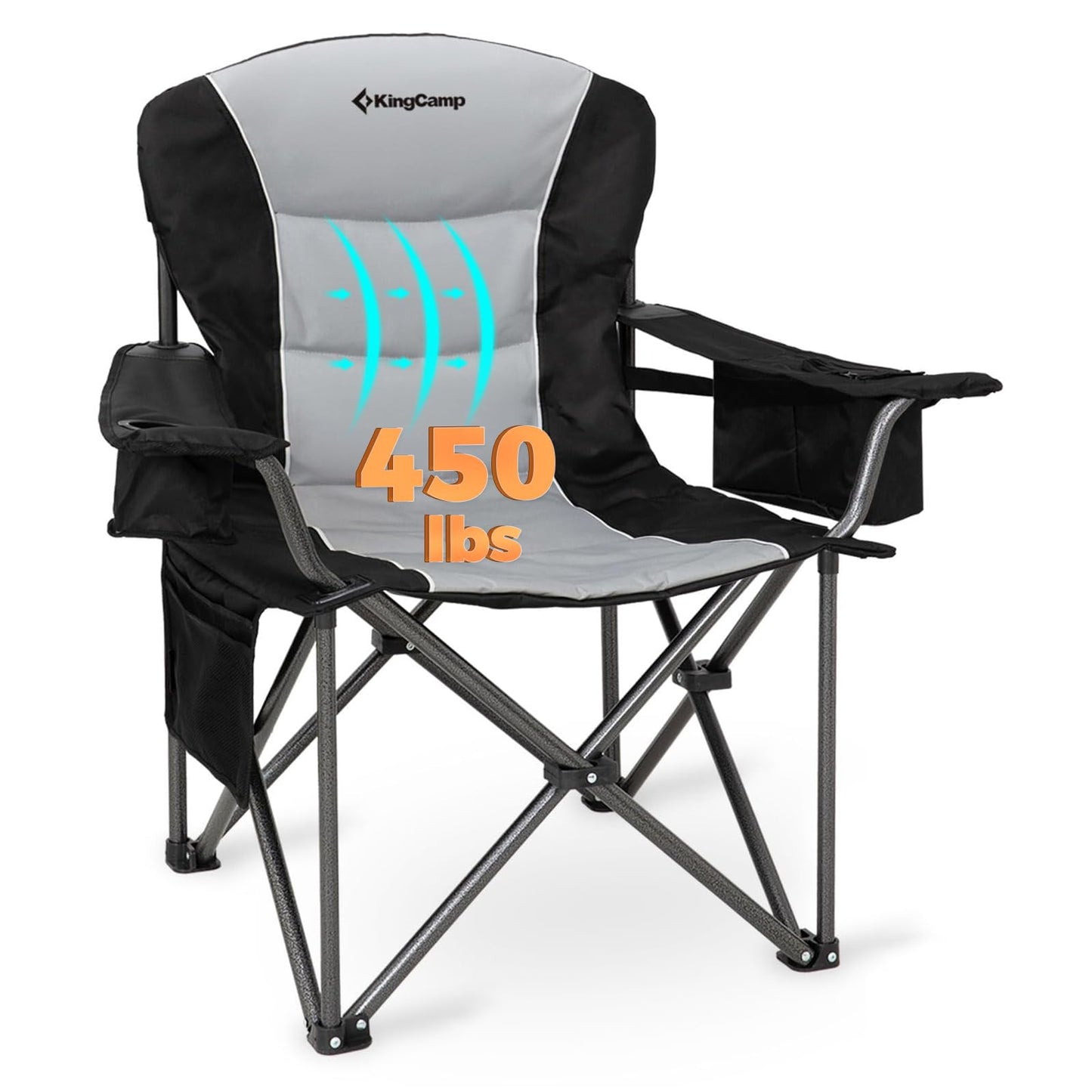 KingCamp Oversized Camping Folding Chair, Heavy Duty 450 LBS with Lumbar Support, Padded seat with Cup Holder&Cooler Bag, Ideal for Camp, Fishing, Sports Event, Backyard, Patio, Lawn (Black/Grey)