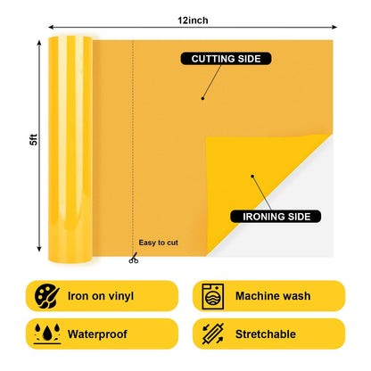 GIRAFVINYL Halloween Golden Yellow Heat Transfer Vinyl - 12” X 5ft Yellow Iron On Vinyl Yellow HTV Vinyl for T- Shirt, Easy to Use