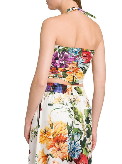 Dolce&Gabbana, Rafia Fiori Floral Bow Cut-Out Cropped Top, 36 (0), White Print Flower