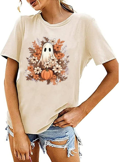 Fall Shirts for Women Halloween Tops Cute Pumpkin Graphic Letter Tees Thanksgiving T Shirts Fall Blouse Gifts(Medium,Beige42)