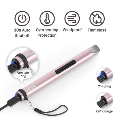Electric Candle Lighter - Rechargeable USB Arc Windproof Flameless Plasma Lighter With Long Stick, Rope and Ring - No Butane Fluid - Perfect for BBQ, Camping, Kitchen Stove - Pink