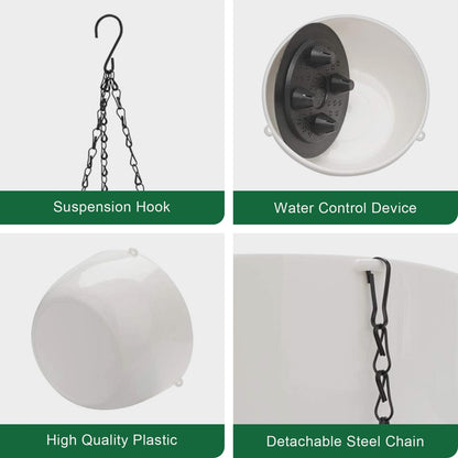 GROWNEER 2 Packs 9.4 Inches Plastic Hanging Planter Self Watering Basket with 6 Pcs Hooks, Hanging Flower Pot with Detachable Base for Garden Indoor Outdoor Home Decoration (White-9.4inch)