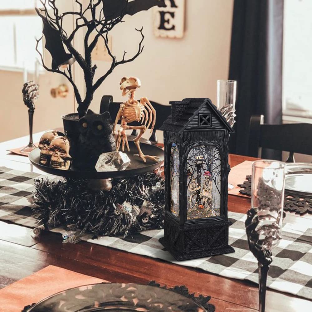 Eldnacele Halloween Ghost Projection Snow Globe Lantern with 6-Hour Timer, Lighted Plug-in & Battery Operated Water Glittering Snowing Globe Lamp for Spooky Fall Halloween Indoor Decoration(Skeleton)