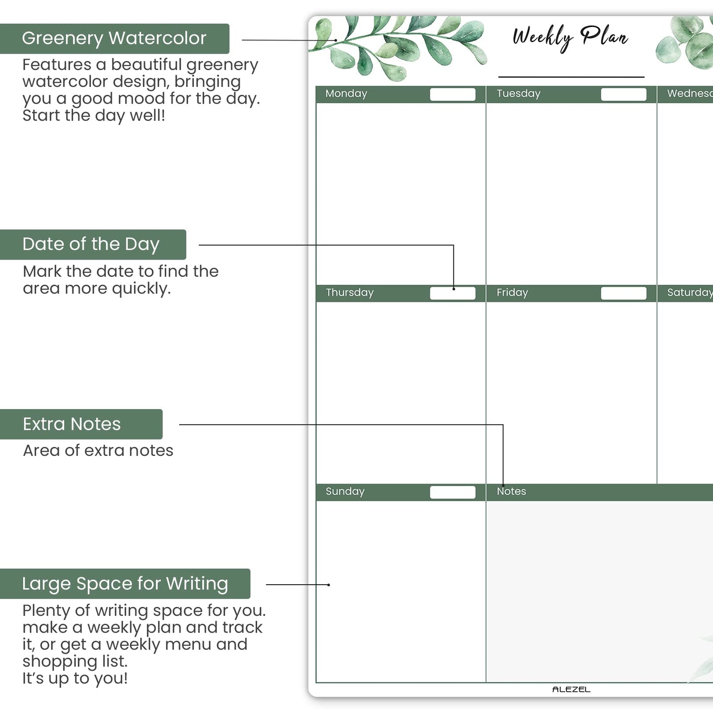ALEZEL Magnetic Calendar for Refrigerator, Greenery Dry Erase Fridge Calendar Set (3 Boards) - Monthly & Weekly Planner Whiteboard, Shopping List White Board, 3 Markers + Eraser