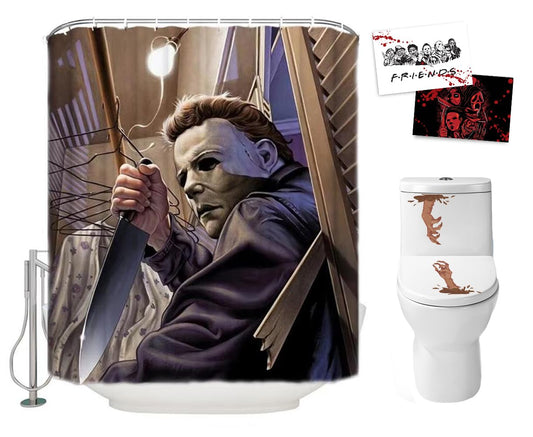 Halloween Shower Curtain Set for Bathroom- Scary Evil Killer Michael Myers, Horror Movie Themed Holiday Polyester Fabric Decoration with Hooks and Toilet Stickers, Christmas Party Decor 72x72