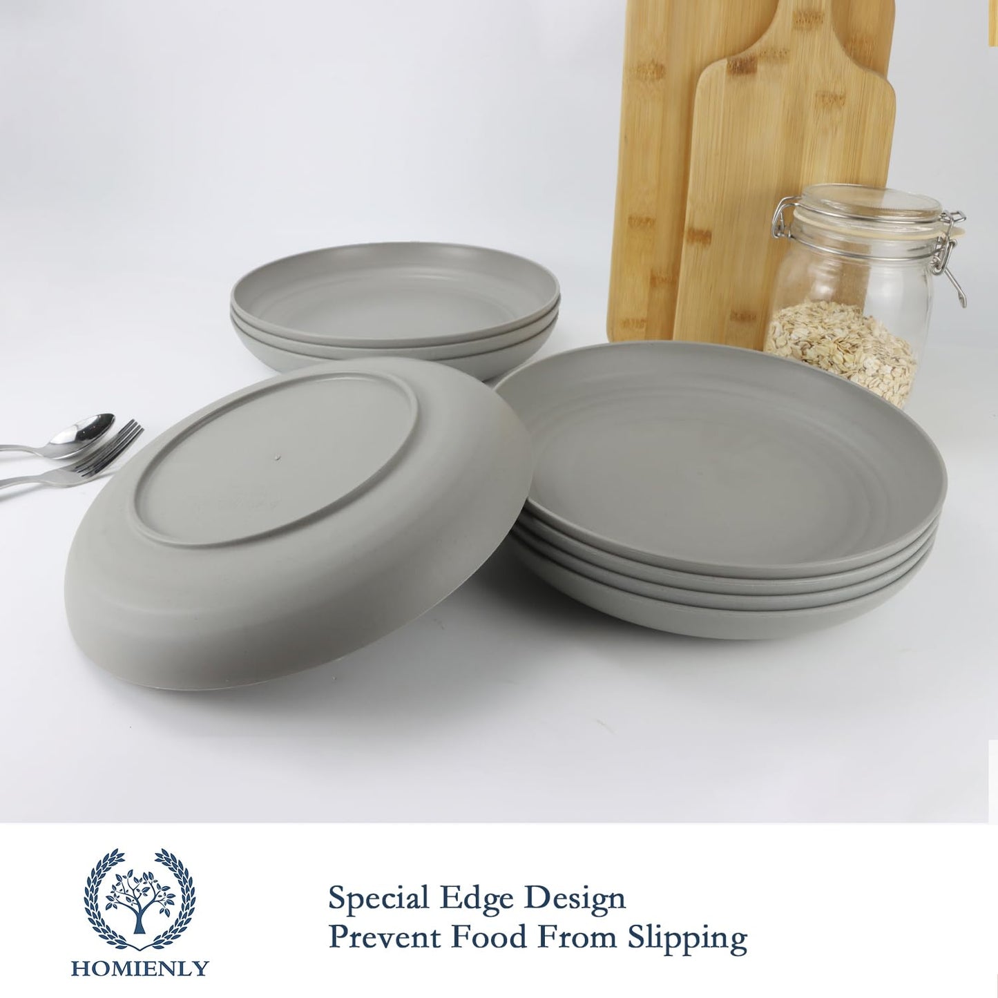 Homienly Deep Dinnerware Set of 12 - Alternative to Plastic, Microwave & Dishwasher Safe Wheat Straw Plates for Kitchen - Unbreakable Kids Plates (Grey, 10 inch)