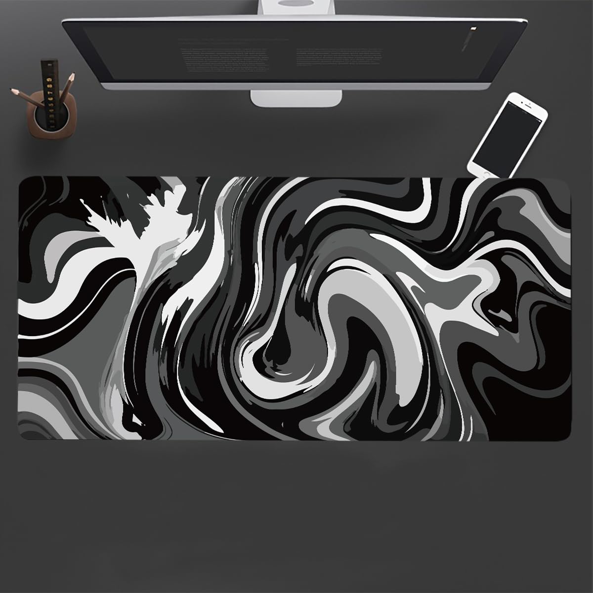 Large Gaming Mouse Pad - Black and White Mouse Pad with Stitched Edges, Extended XL Mousepad with Anti-Slip Rubber Base, Ink Liquid Wave Desk Mat for Keyboard and Mouse(31.5x15.8 inch)