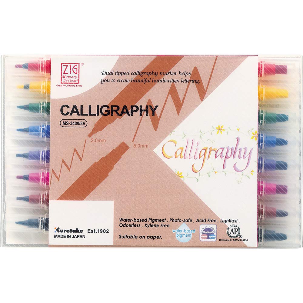 Kuretake Zig Memory System Calligraphy Markers, Multicolor, 8-Pack