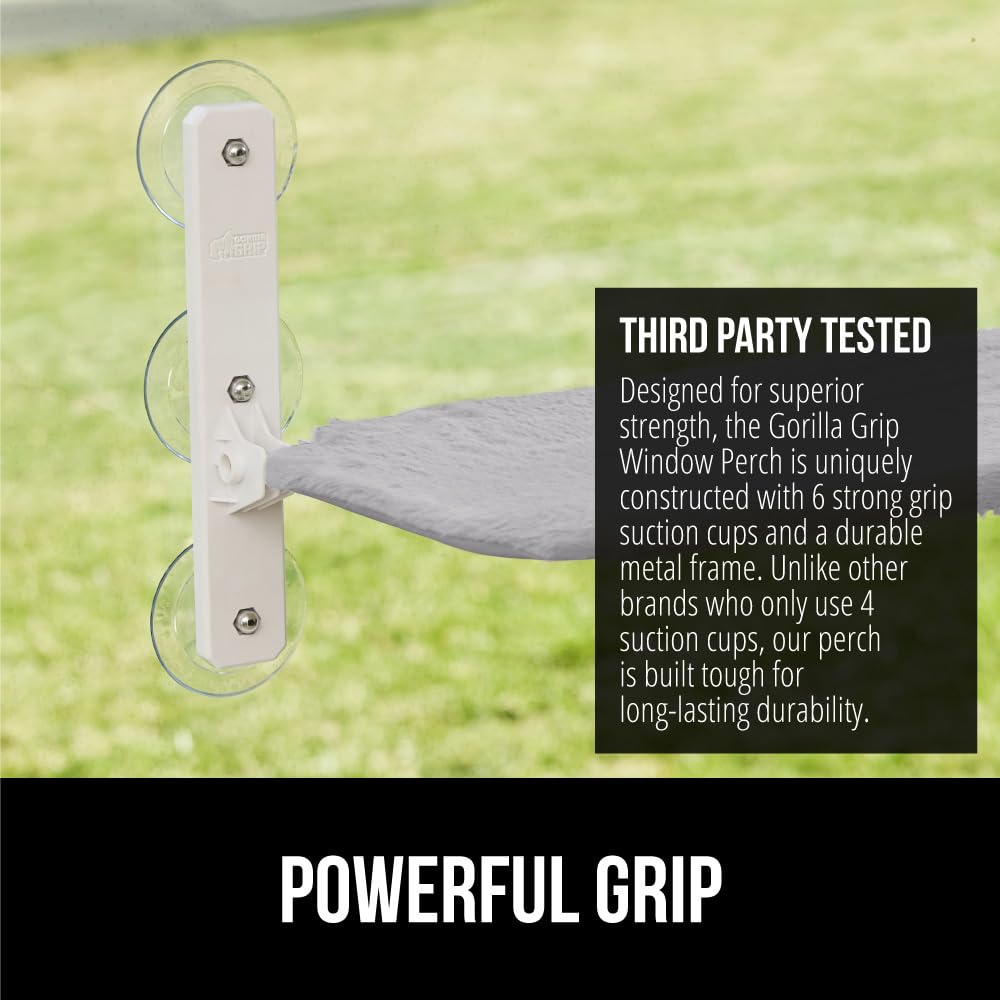 GORILLA GRIP Cat Window Perch, Foldable Cat Window Hammock Bed with 6 Large Suction Cups, Cordless Indoor Wall Shelves, Strong Metal Frame Holds 40lbs, Reversible Washable Sherpa Cover, Large Gray