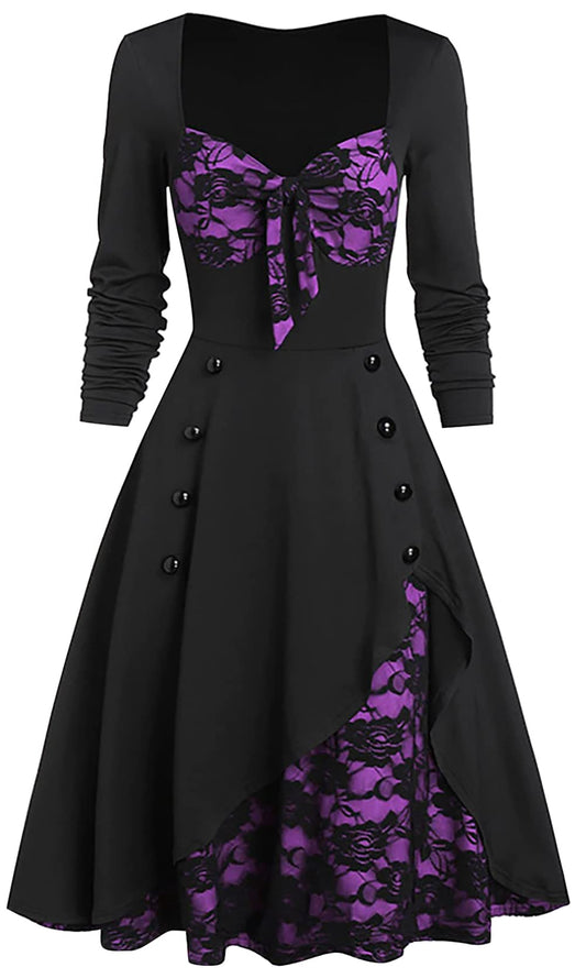 Goth Dress Lace Floral Vintage Steampunk Victorian Costumes Clothing Queen Ball Gown Masquerade Dress Purple X-Large