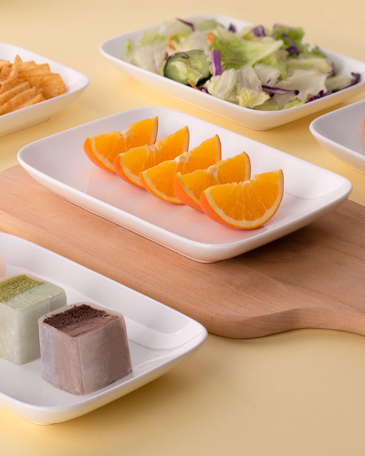 DELLING 8 Inch Rectangular Appetizer Plates, Salad Plates Set, Ceramic Dessert Plates, Small Serving Plates for Salad, Appetizer, Snack, Sushi - Microwave, Oven, and Dishwasher Safe - Set of 6, White