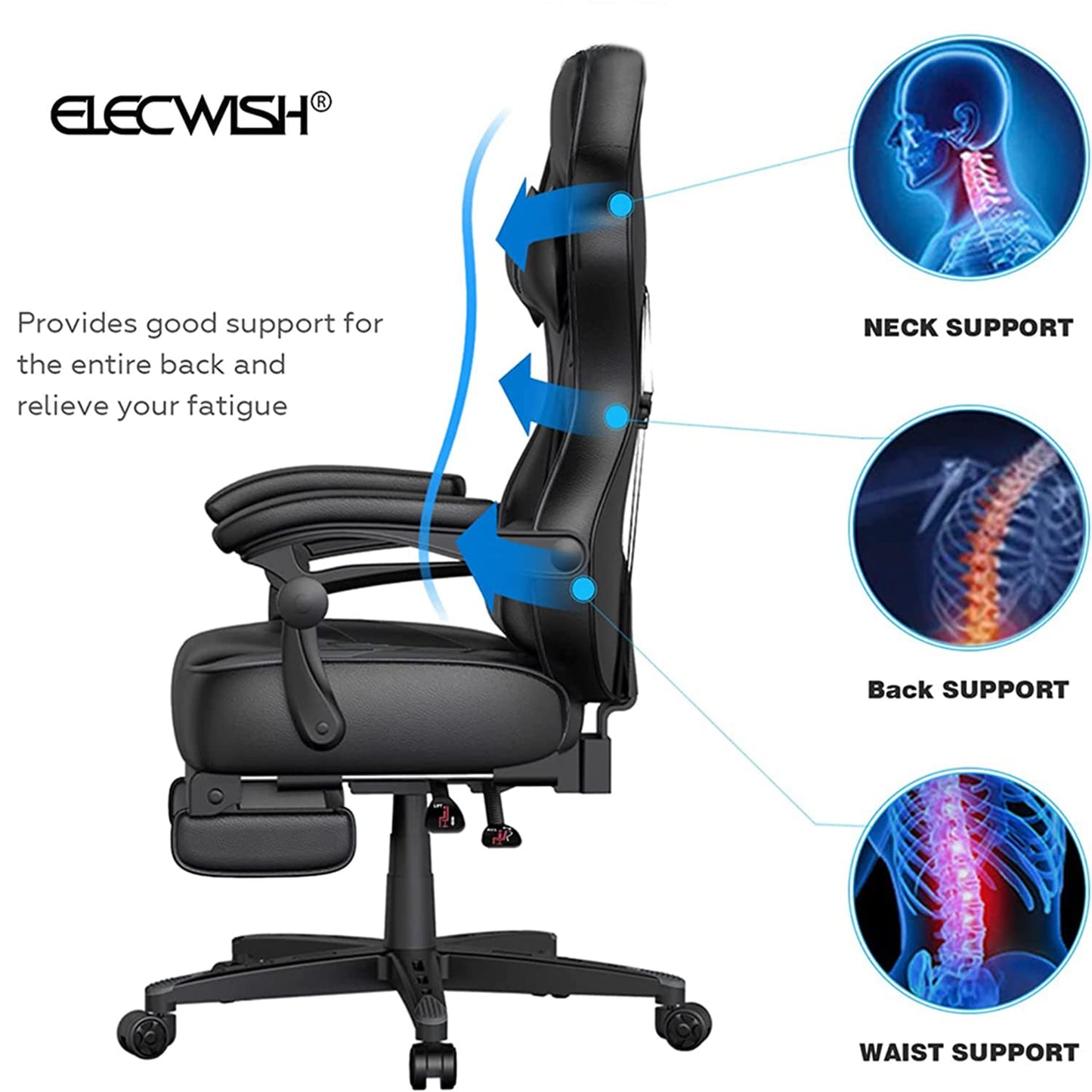 ELECWISH Gaming Chair, Reclining Computer Chair with Footrest and Lumbar Support, High Back Ergonomic for Adults with Headrest PU Leather