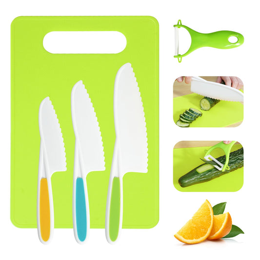 Kids Knife Set, 5 Pcs Montessori Kitchen Tools for Toddlers' Real Cooking, BPA Free Kids Safe Kitchen Cooking and Baking Set with Peeler, Cutting Board for Sandwich Bread Vegetable Fruit Present Gift
