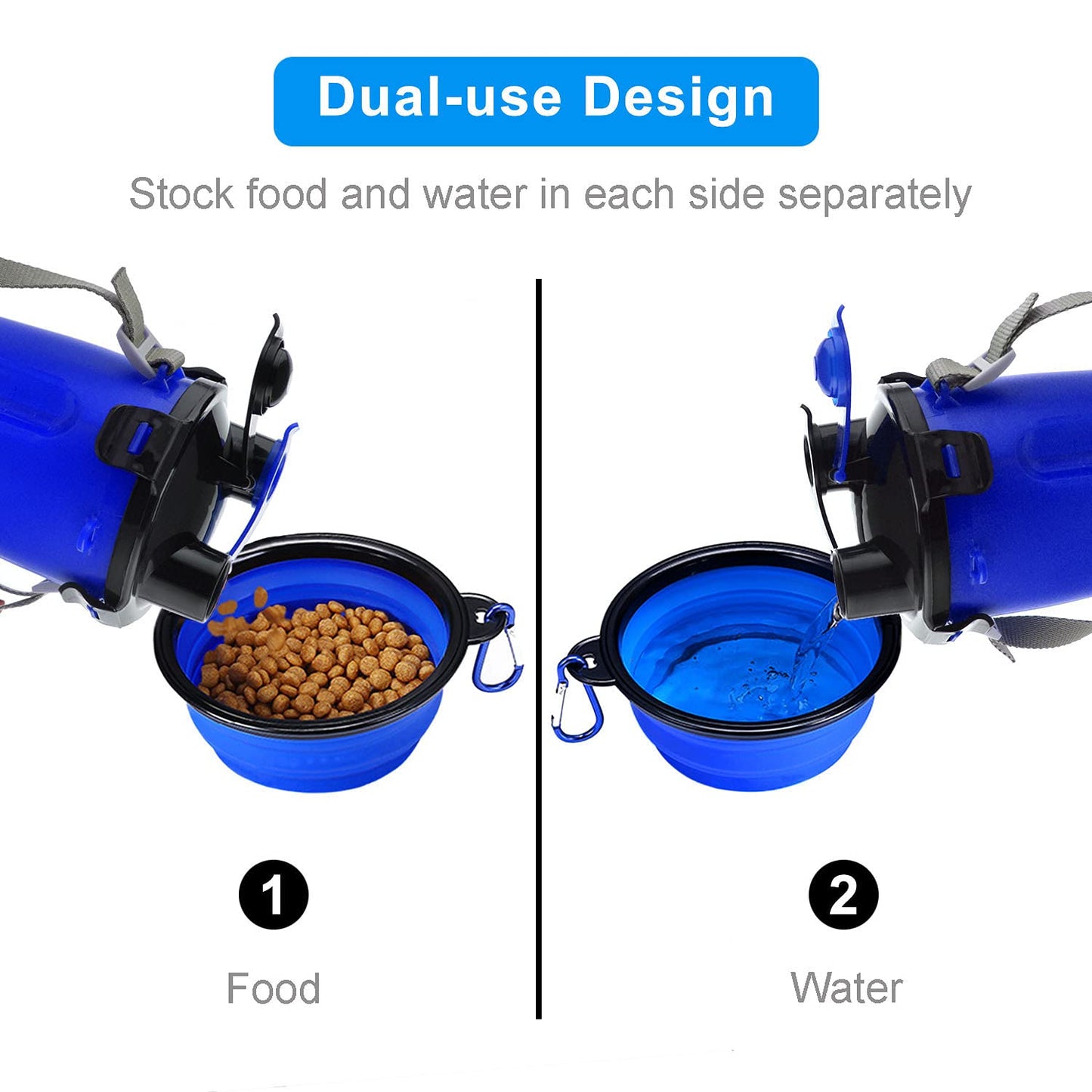Dog Travel Water Bottle Collapsible Bowls, 2 in 1 Pet Food Container with Collapse Bowls, Outdoor Portable Water Bowls for Walking, Traveling, Camping and Hiking (Blue)