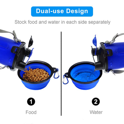 Dog Travel Water Bottle Collapsible Bowls, 2 in 1 Pet Food Container with Collapse Bowls, Outdoor Portable Water Bowls for Walking, Traveling, Camping and Hiking (Blue)
