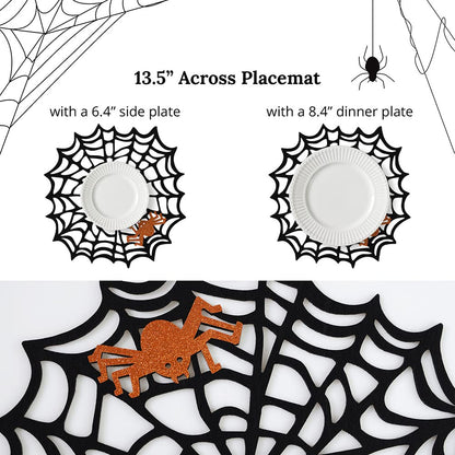 Feuille Round Halloween Placemats Set of 4 13.5 Inch Black Spider Web Placemats with Orange Glitter Felt Spider Placemats Perfect for Halloween Decorations Indoor