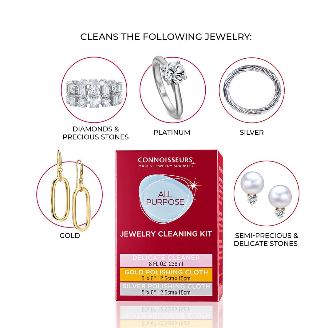 CONNOISSEURS All-Purpose Jewelry Cleaning Kit - Includes Delicate Jewelry Cleaner Solution and 2 Polishing Cloths