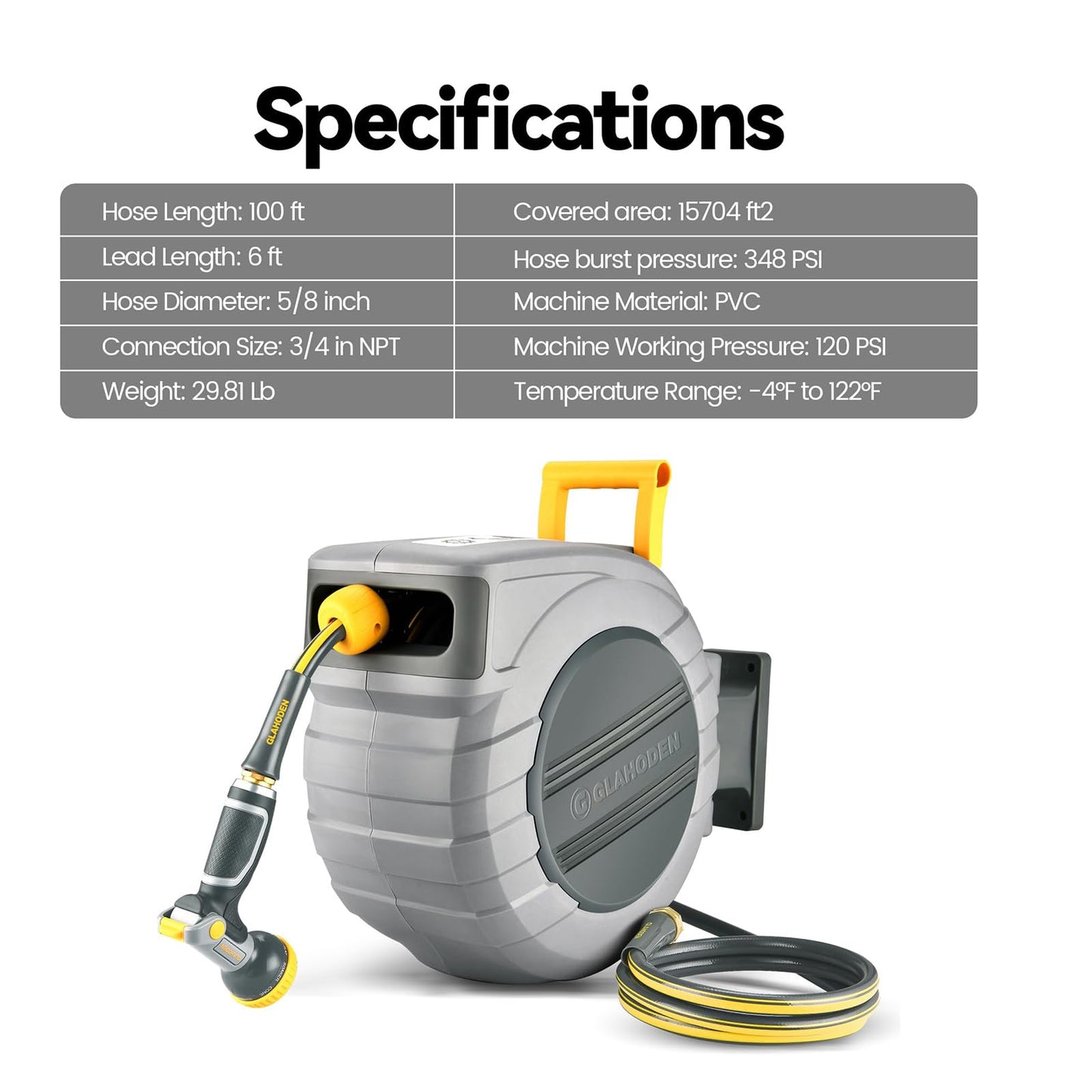 GLAHODEN Retractable Garden Hose Reel 5/8 in x 100 ft Upgraded UV Resistant Heavy Duty Automatic Hose Reel Wall Mount 3/4 in Brass Fitting 9 Pattern Nozzle Any Length Lock Slow Retraction 180° Swivel