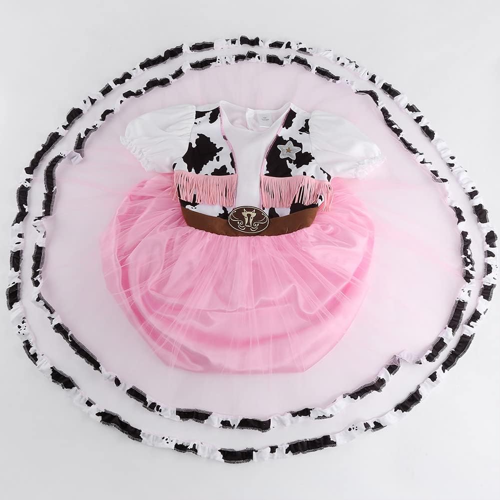 HAPNBCELE Pink Cowgirl Costume for Girls Cow Outfits with Hat Halloween Cosplay (Pink, 11-12 Years)