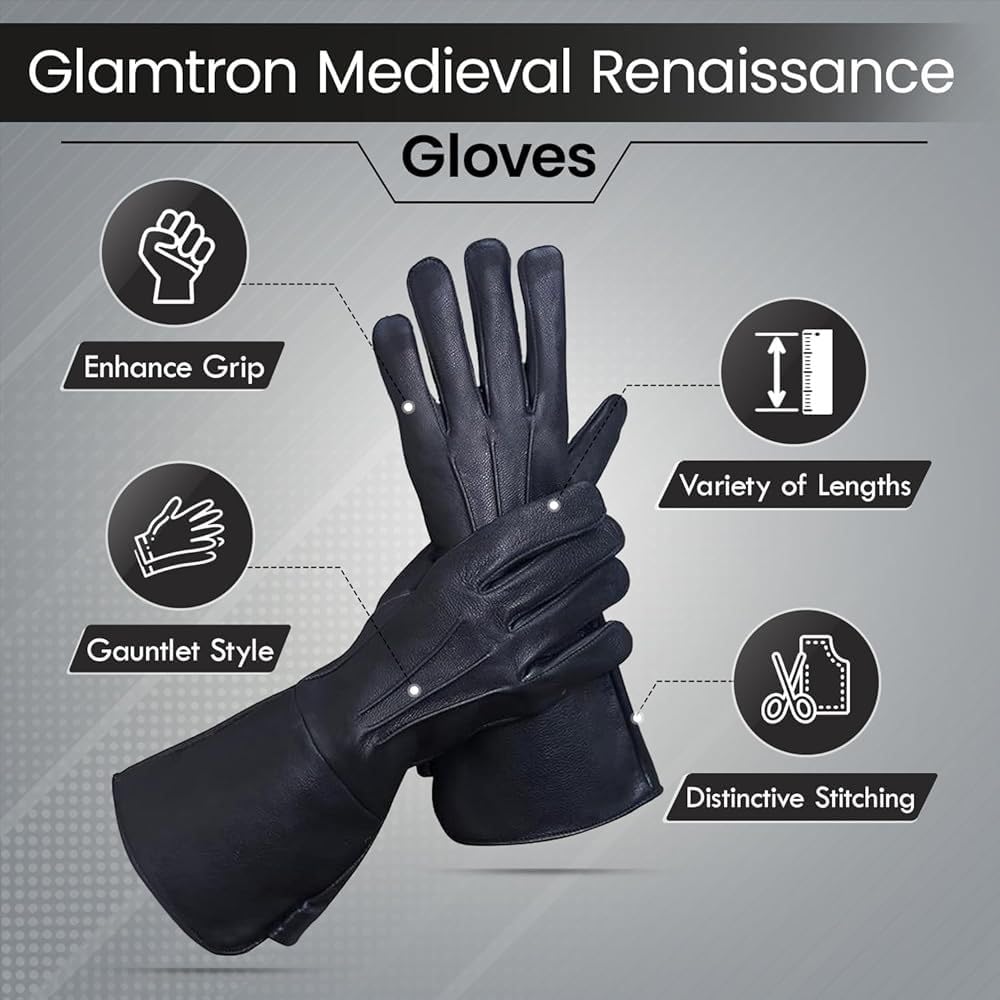 Generic Glamtron Medieval Renaissance Gloves Pure Lambskin Leather Cosplay Gauntlet Gloves Long Arm Cuff (X Large), Black