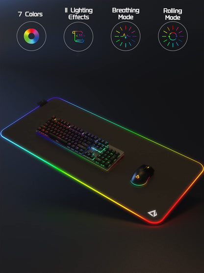 EASEMO Gaming Mouse Pad, RGB Mouse Mat XXL Large (35.4 x 15.75 in) with 7 LED Colors 11 Lighting Modes Waterproof Fabric Surface Non-Slip Rubber Base for PC Laptop Keyboard