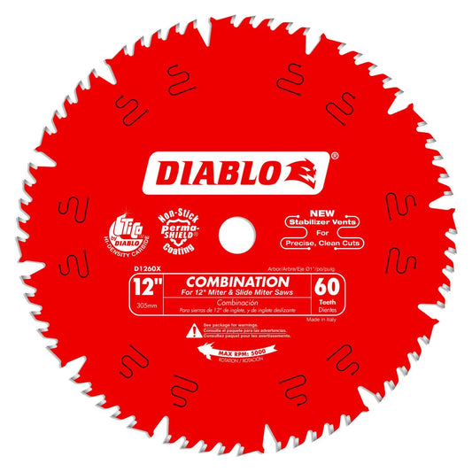 Diablo Combination Saw Blade for Wood - 12" Diameter, 60 Comb Teeth, 1" Arbor, .118" Kerf, 15° Hook Angle, .071" Plate, 6,000 Max RPM - D1260X