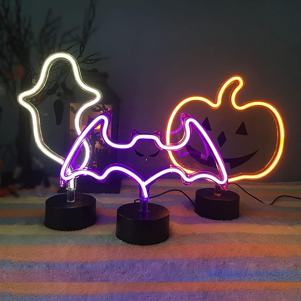 Halloween Ghost Neon Sign, Spooky White Ghost Novelty Light Table Decor, USB or Battery Powered Halloween Light for Bedroom, Kitchen, Party Decorations