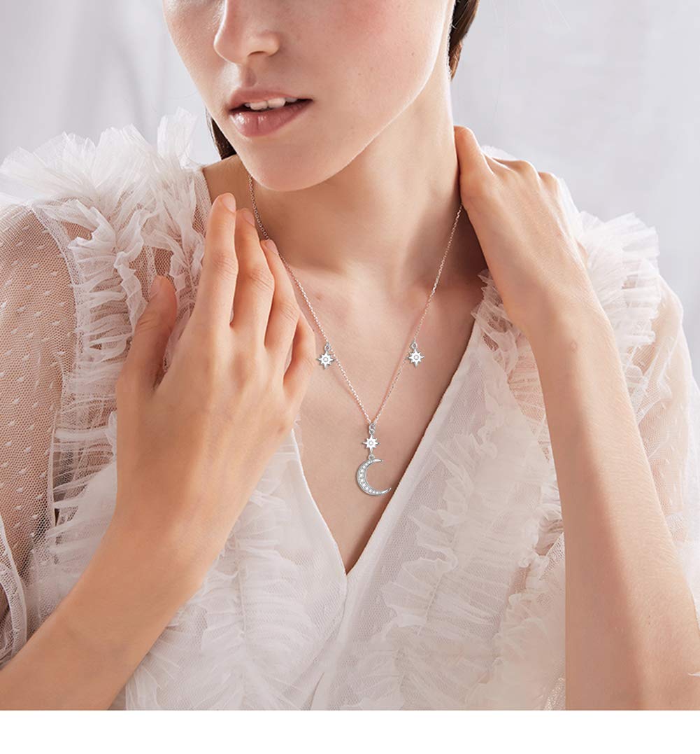 Ladytree S925 Sterling Silver Crescent Moon and Star CZ Pendant Necklace Jewelry,Rolo Chain,18 inches to 20 inches