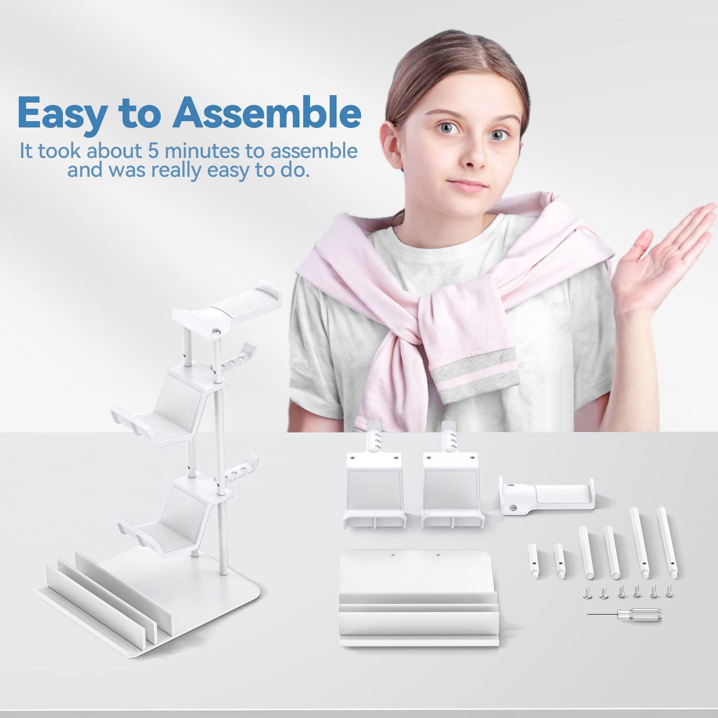 KDD Headphone Stand, Controller Holder & Headset Holder for Desk, Earphone Stand with Aluminum Supporting Bar, Universal Storage Organizer Headphones/Controller/Switch/Mobile Phone(White)